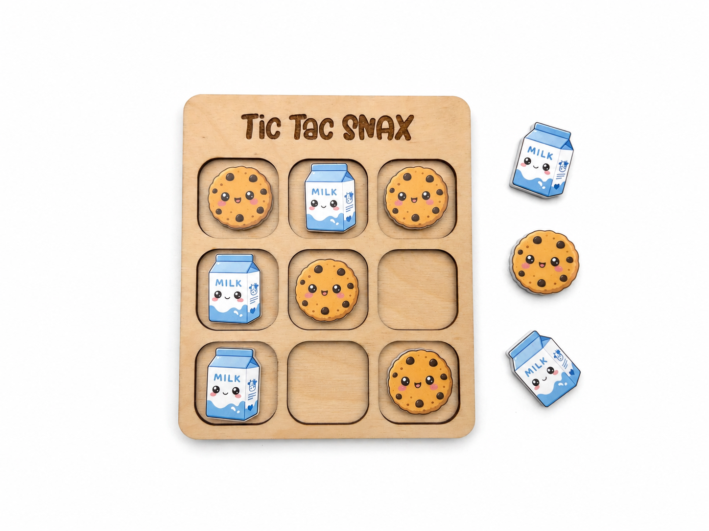 Wooden Tic Tac Snax board set up with Chip cookie and Millie milk character pieces